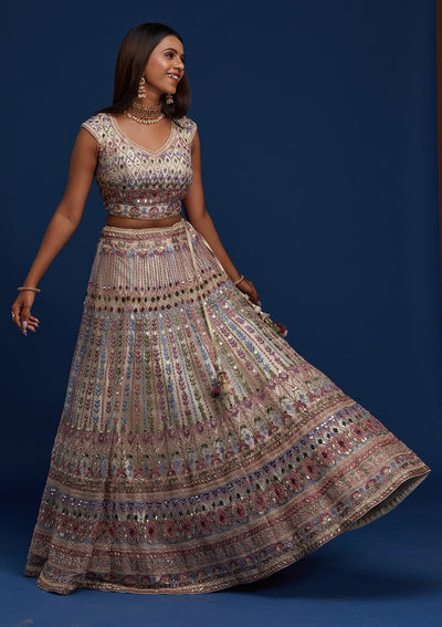 Cream Mirrorwork Net Designer Lehenga - Koskii