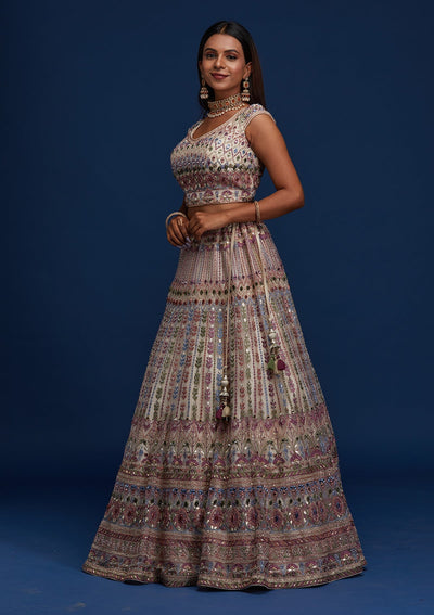Cream Mirrorwork Net Designer Lehenga - Koskii