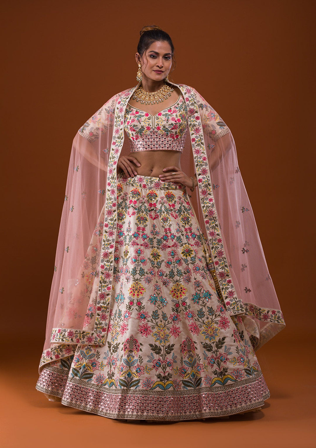 Cream Mirrorwork Raw Silk Designer Lehenga-Koskii