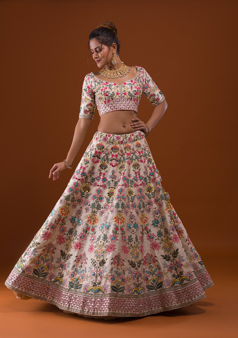 Cream Mirrorwork Raw Silk Designer Lehenga-Koskii