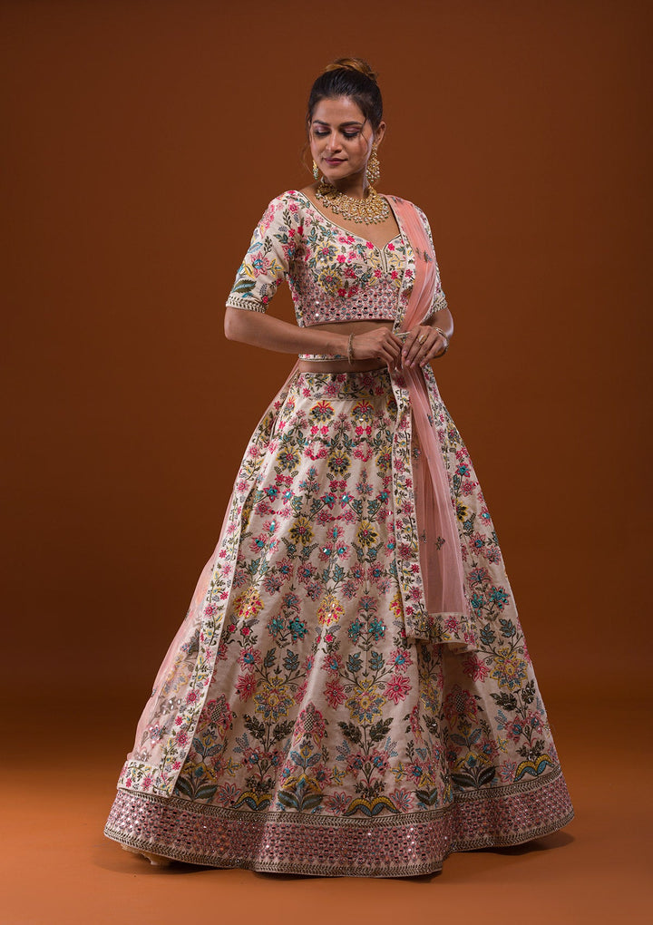 Cream Mirrorwork Raw Silk Designer Lehenga-Koskii
