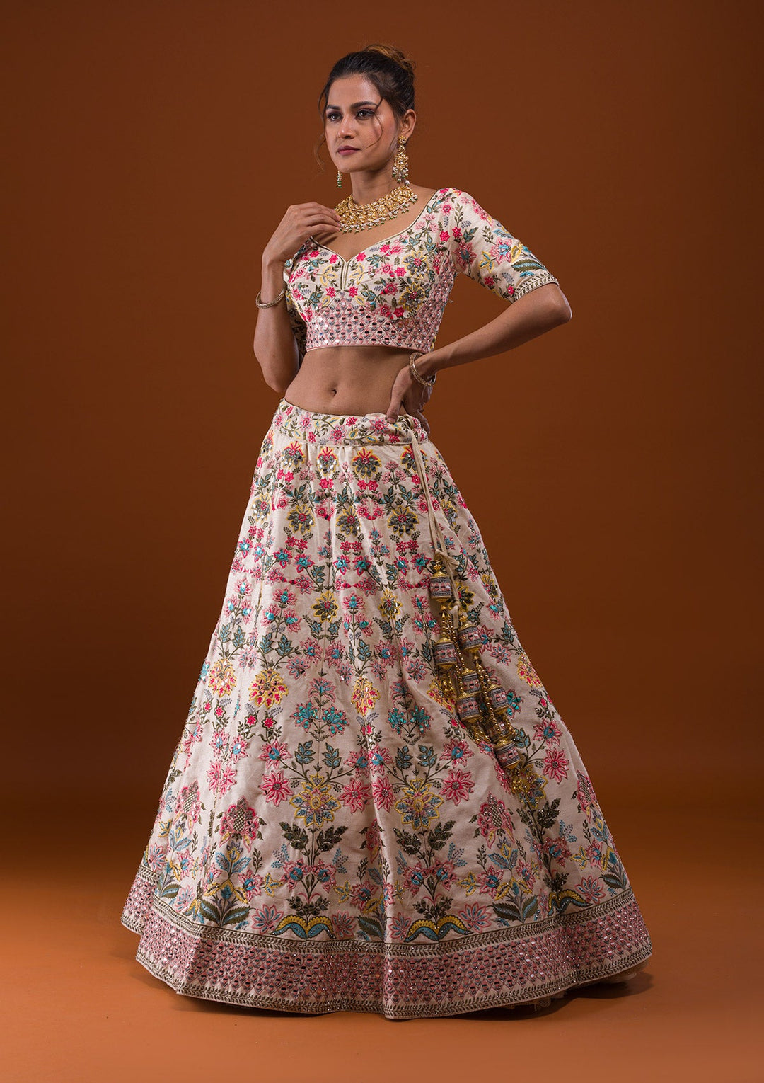 Cream Mirrorwork Raw Silk Designer Lehenga-Koskii