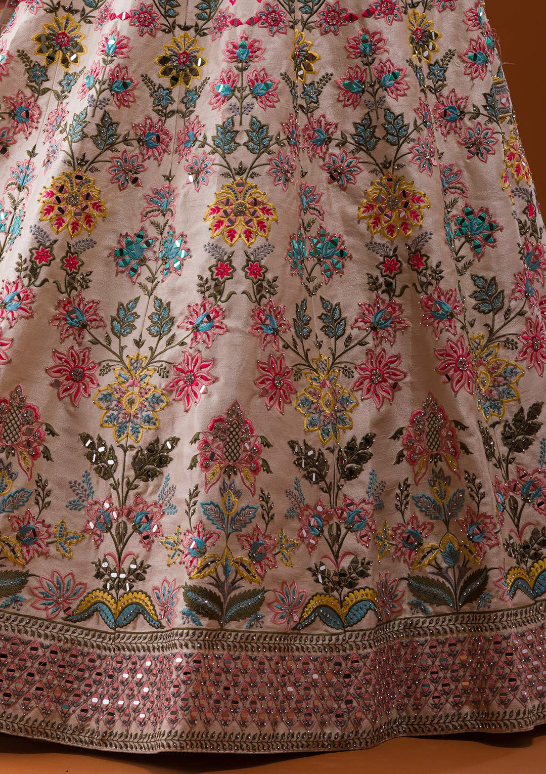 Cream Mirrorwork Raw Silk Designer Lehenga-Koskii