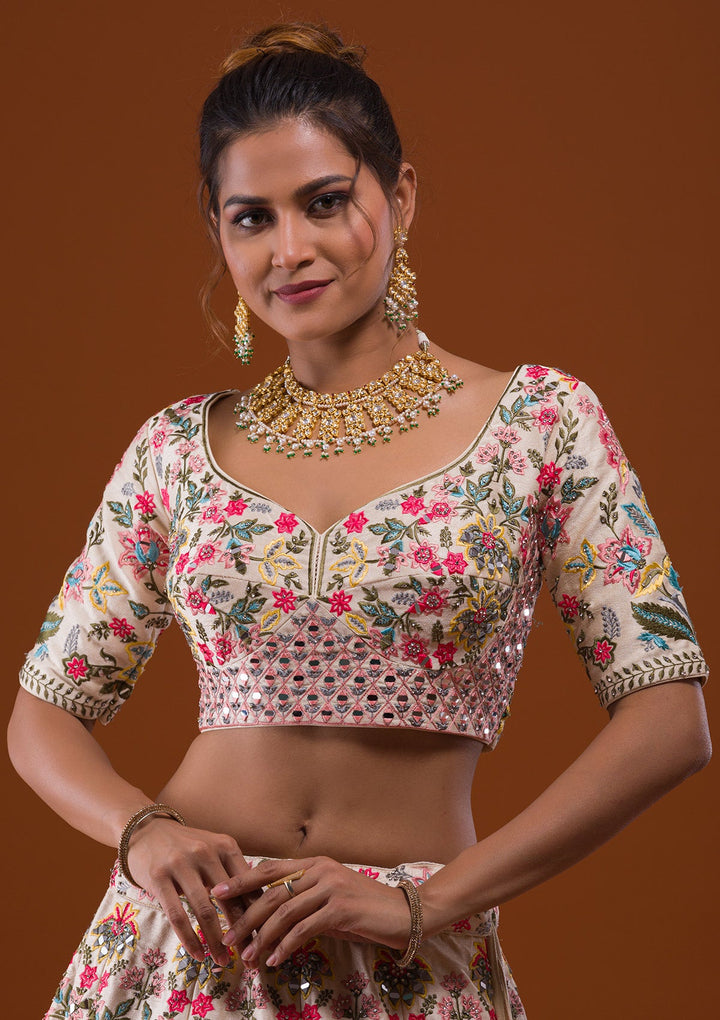 Cream Mirrorwork Raw Silk Designer Lehenga-Koskii
