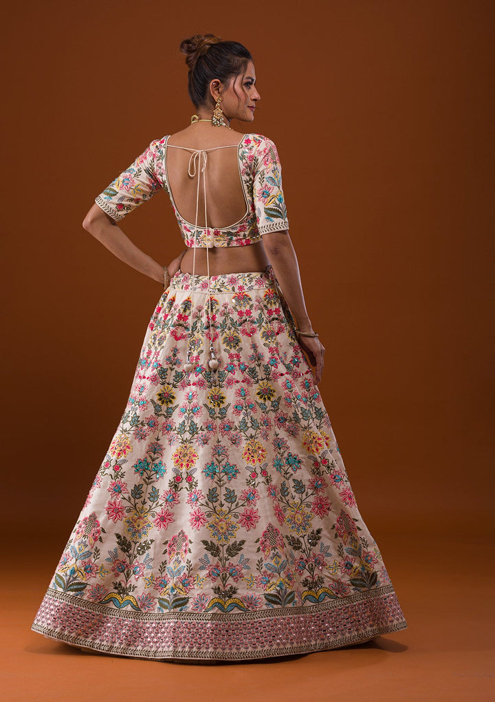 Cream Mirrorwork Raw Silk Designer Lehenga-Koskii