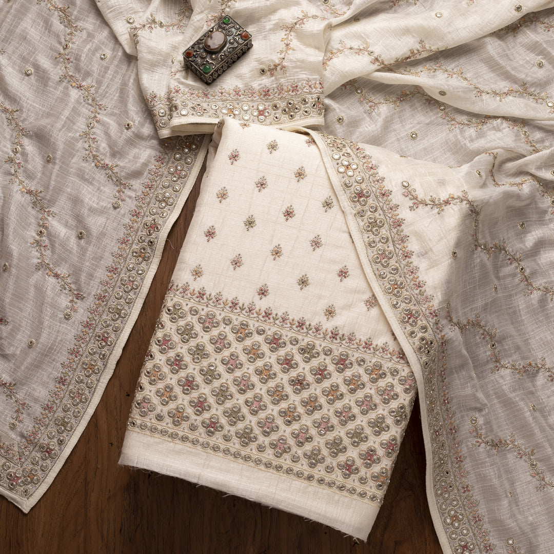 Cream Mirrorwork Raw Silk Designer Unstitched Salwar Suit - koskii