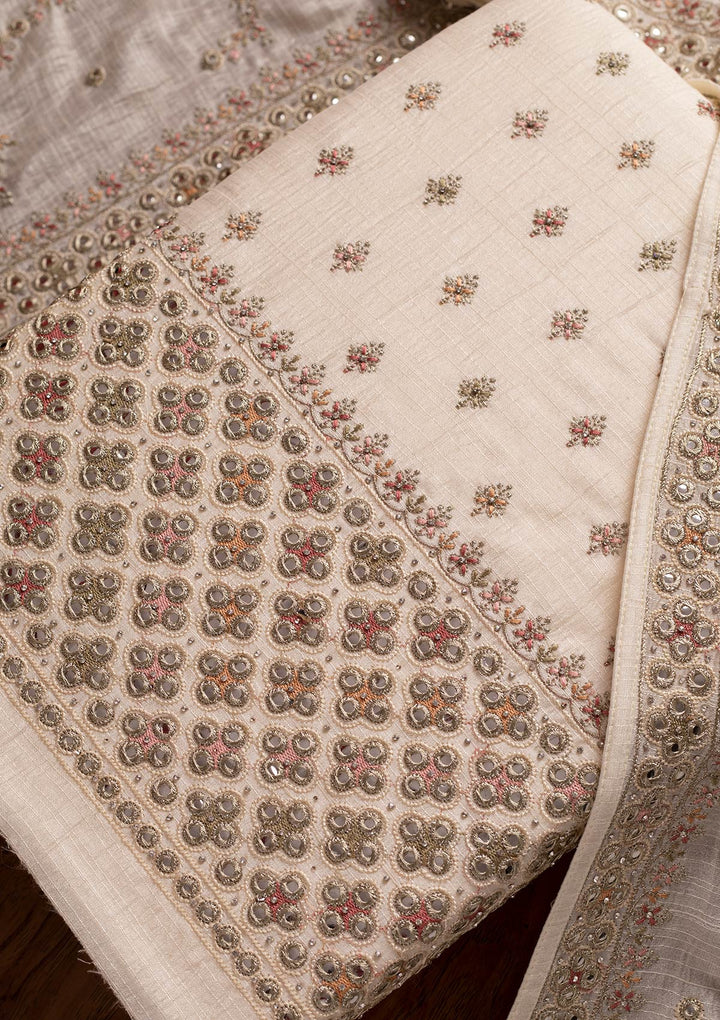Cream Mirrorwork Raw Silk Designer Unstitched Salwar Suit - koskii