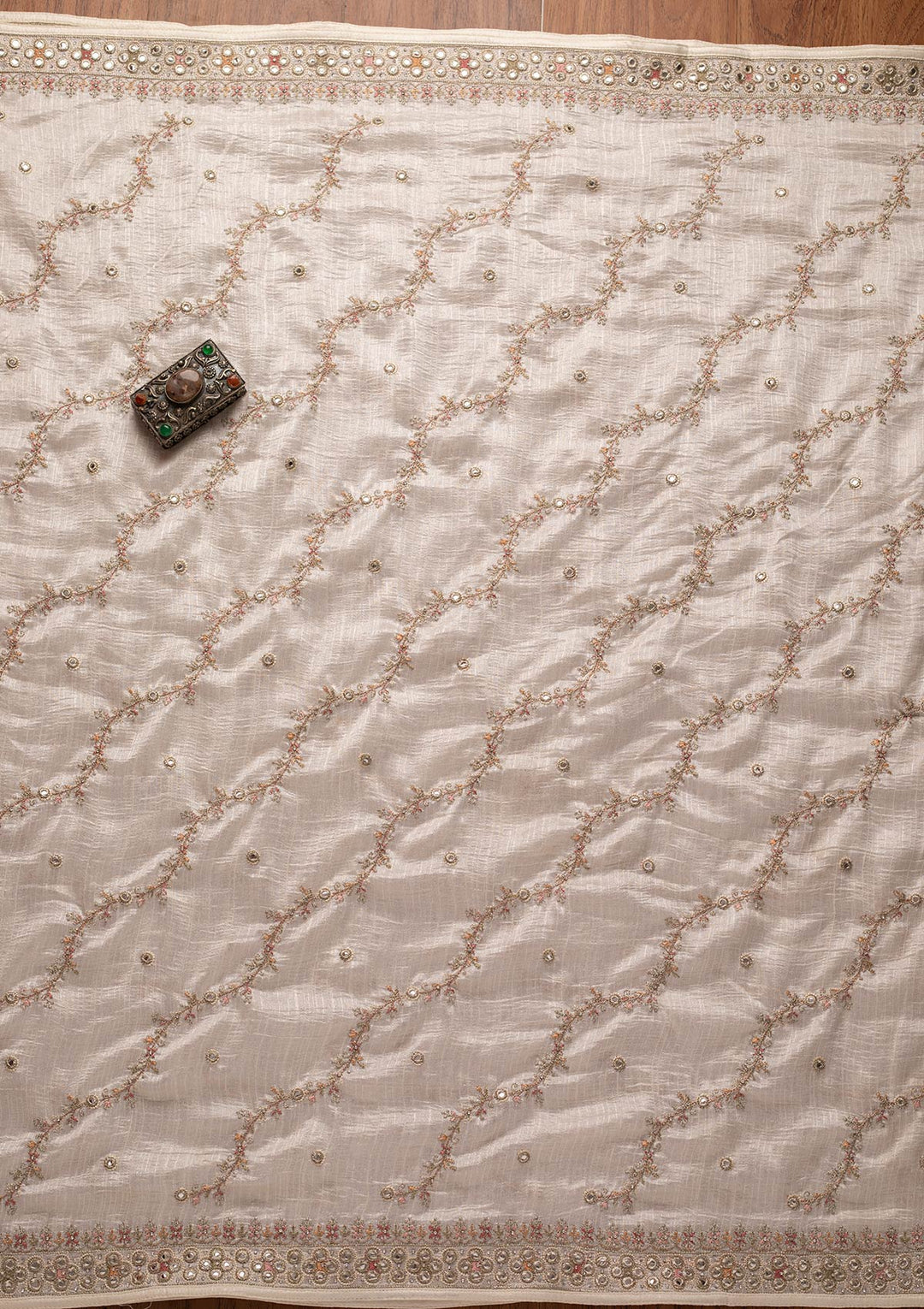 Cream Mirrorwork Raw Silk Designer Unstitched Salwar Suit - koskii