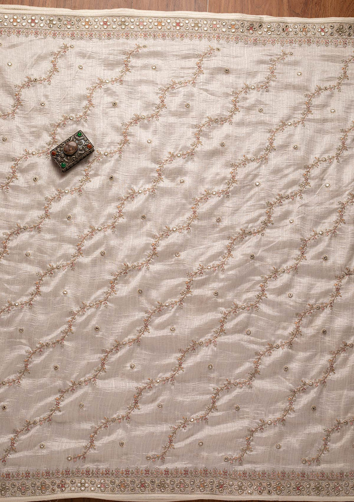 Cream Mirrorwork Raw Silk Designer Unstitched Salwar Suit - koskii