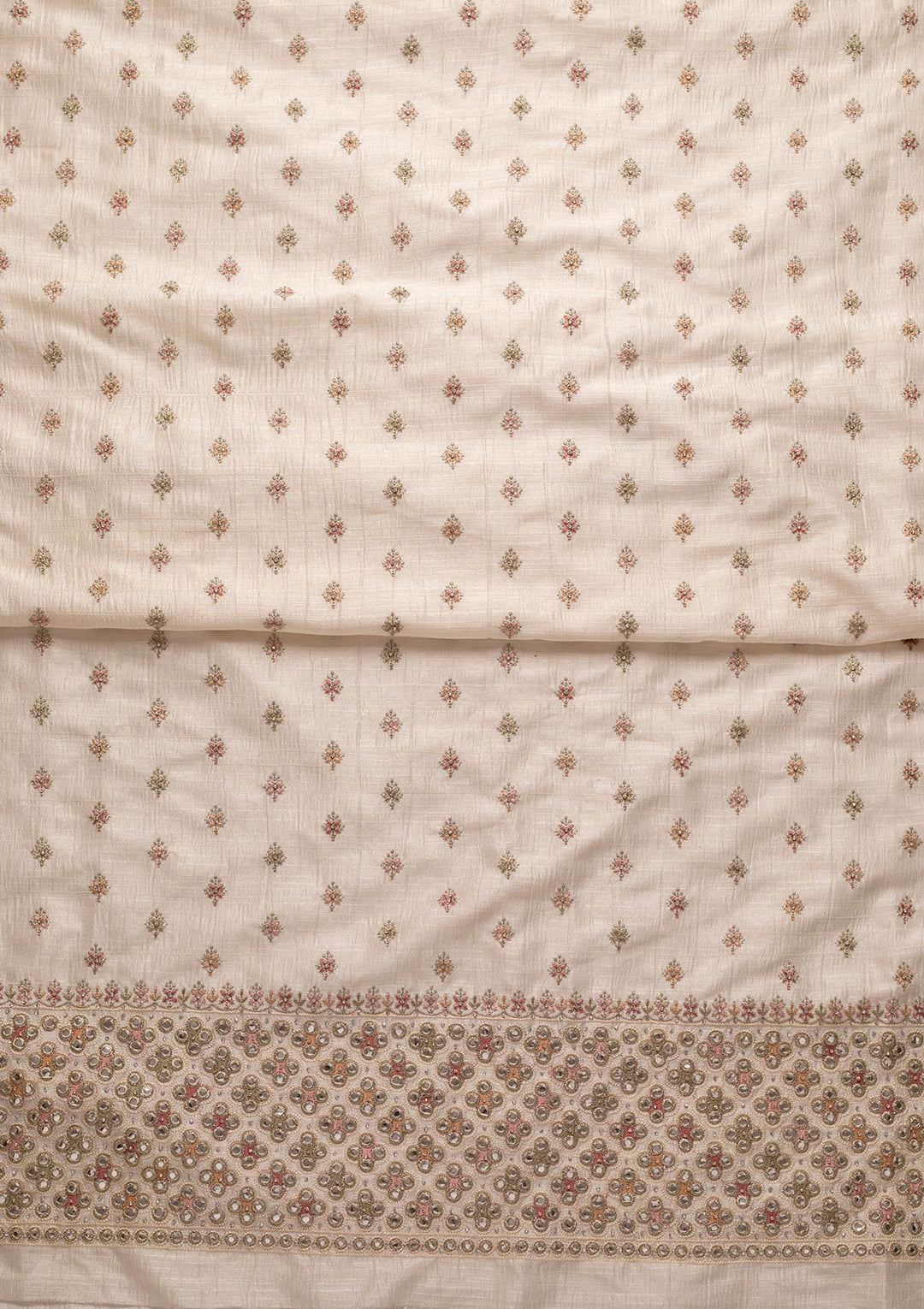 Cream Mirrorwork Raw Silk Designer Unstitched Salwar Suit - koskii