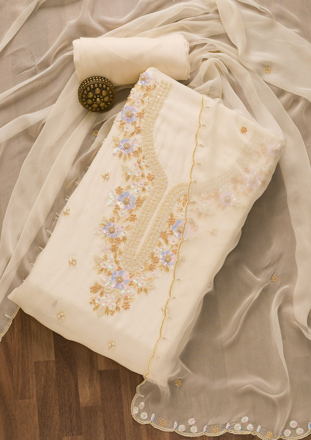 Cream Pearlwork Organza Unstitched Salwar Kameez-Koskii