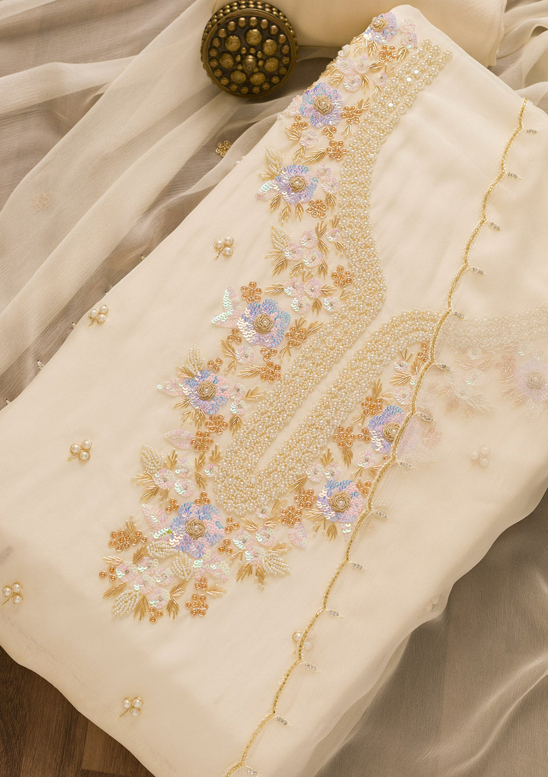 Cream Pearlwork Organza Unstitched Salwar Kameez-Koskii