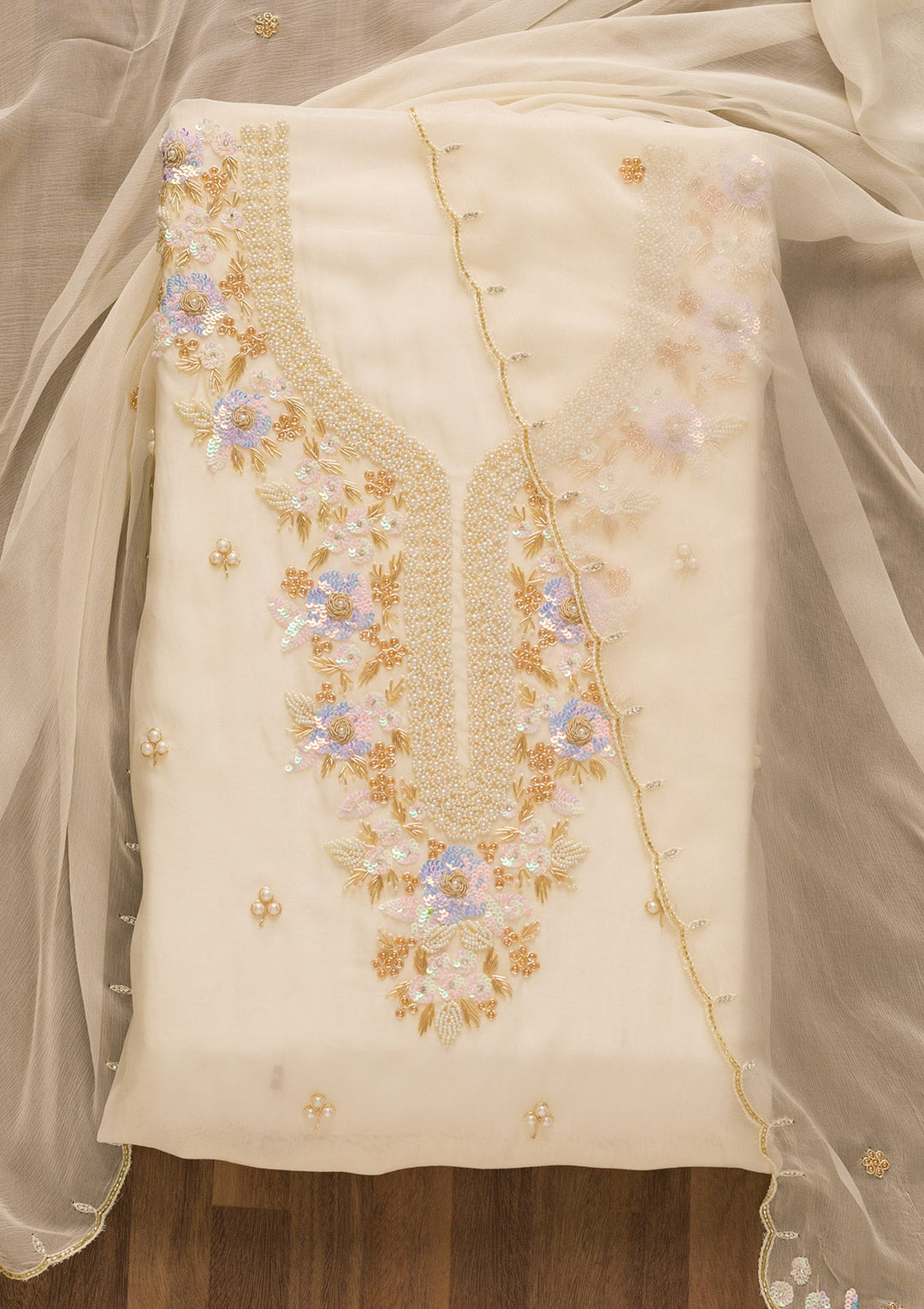 Cream Pearlwork Organza Unstitched Salwar Kameez-Koskii