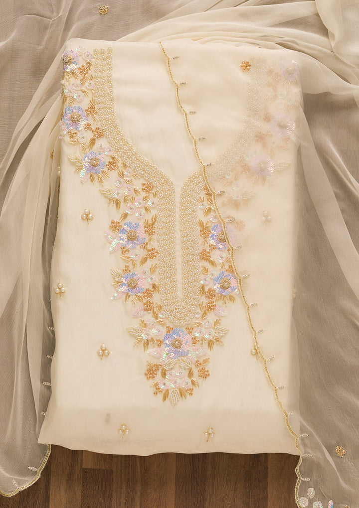 Cream Pearlwork Organza Unstitched Salwar Kameez-Koskii