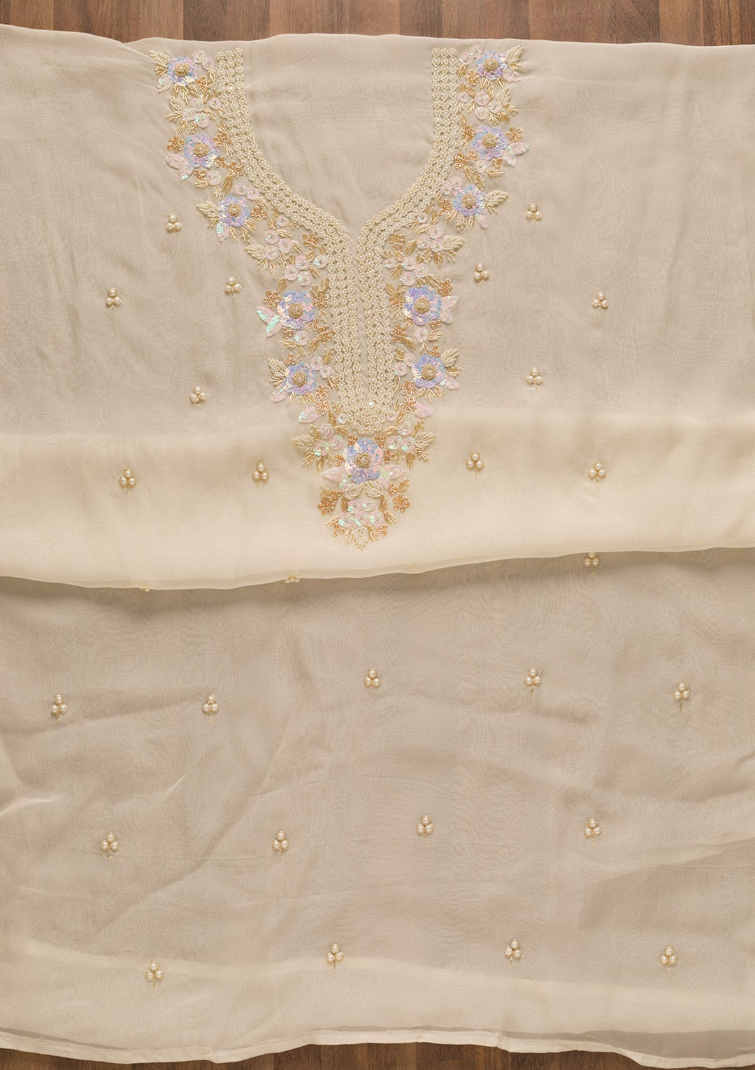 Cream Pearlwork Organza Unstitched Salwar Kameez-Koskii