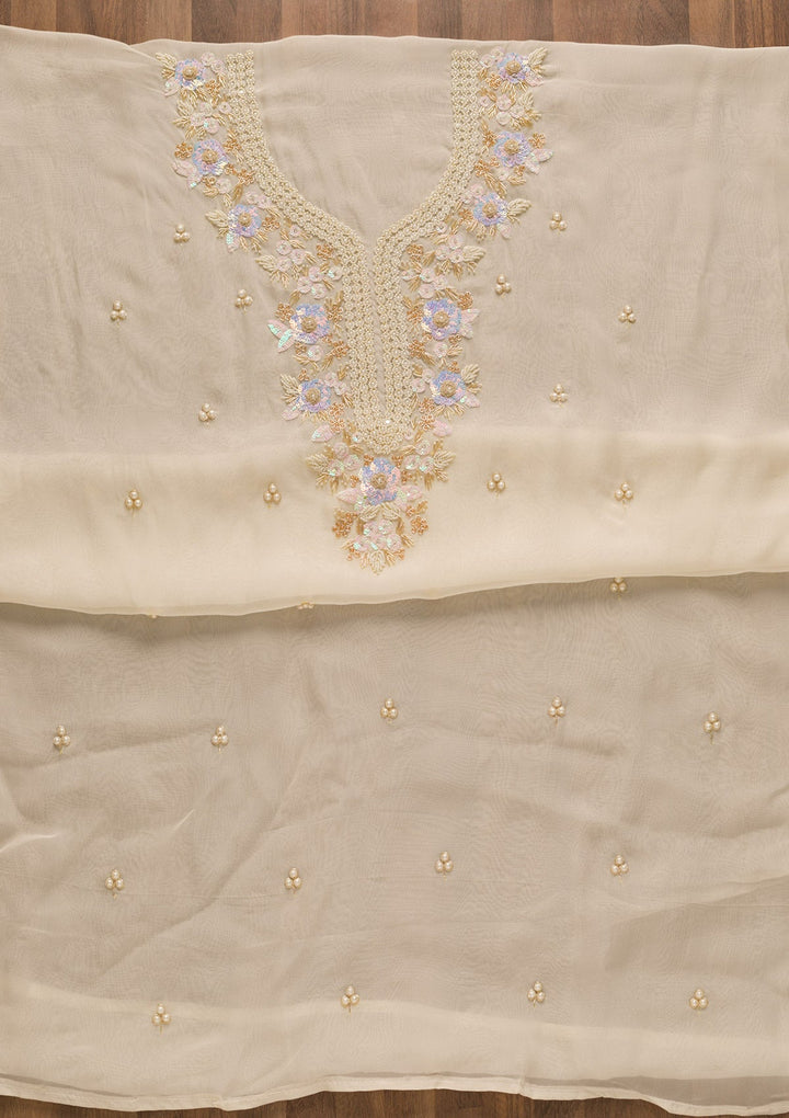 Cream Pearlwork Organza Unstitched Salwar Kameez-Koskii