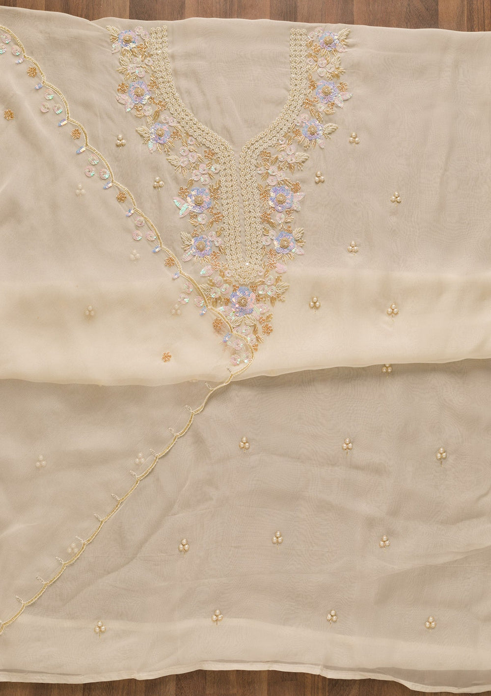 Cream Pearlwork Organza Unstitched Salwar Kameez-Koskii