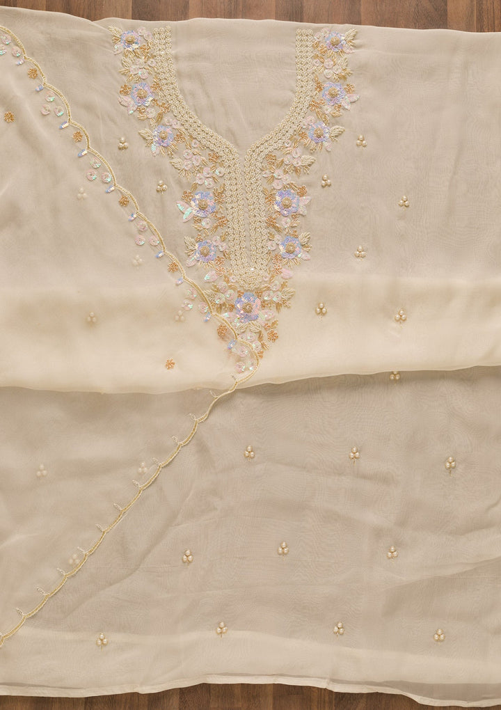 Cream Pearlwork Organza Unstitched Salwar Kameez-Koskii