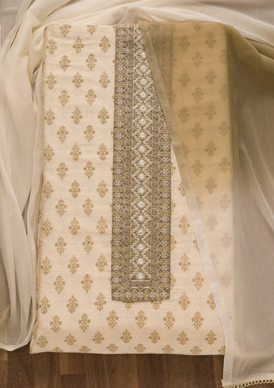 Cream Printed Cotton Unstitched Salwar Suit-Koskii