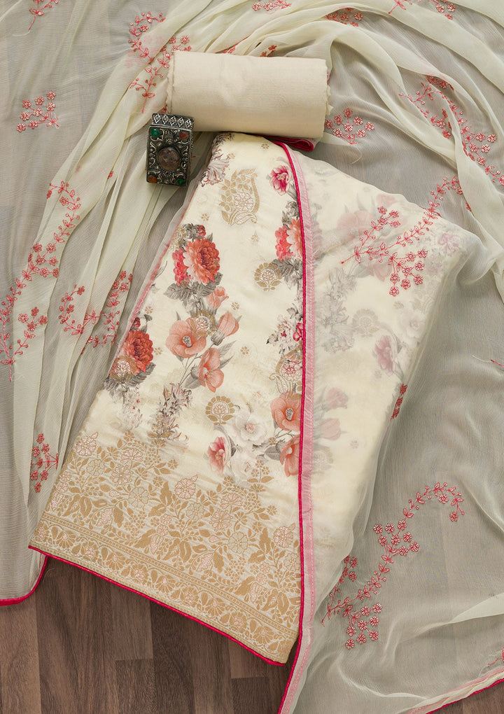 Cream Printed Semi Crepe Unstitched Salwar Suit-Koskii