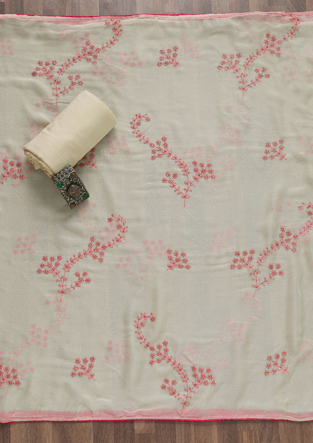 Cream Printed Semi Crepe Unstitched Salwar Suit-Koskii