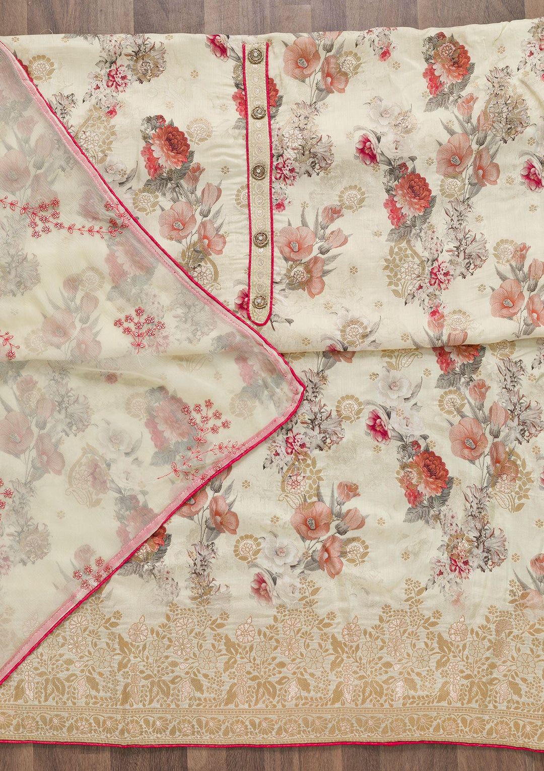Cream Printed Semi Crepe Unstitched Salwar Suit-Koskii