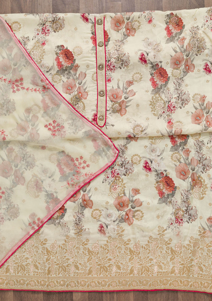 Cream Printed Semi Crepe Unstitched Salwar Suit-Koskii