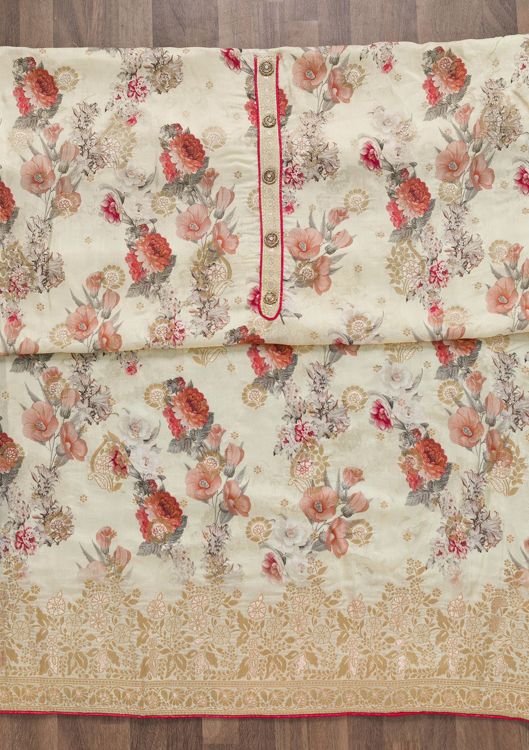 Cream Printed Semi Crepe Unstitched Salwar Suit-Koskii