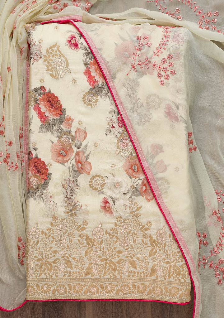 Cream Printed Semi Crepe Unstitched Salwar Suit-Koskii