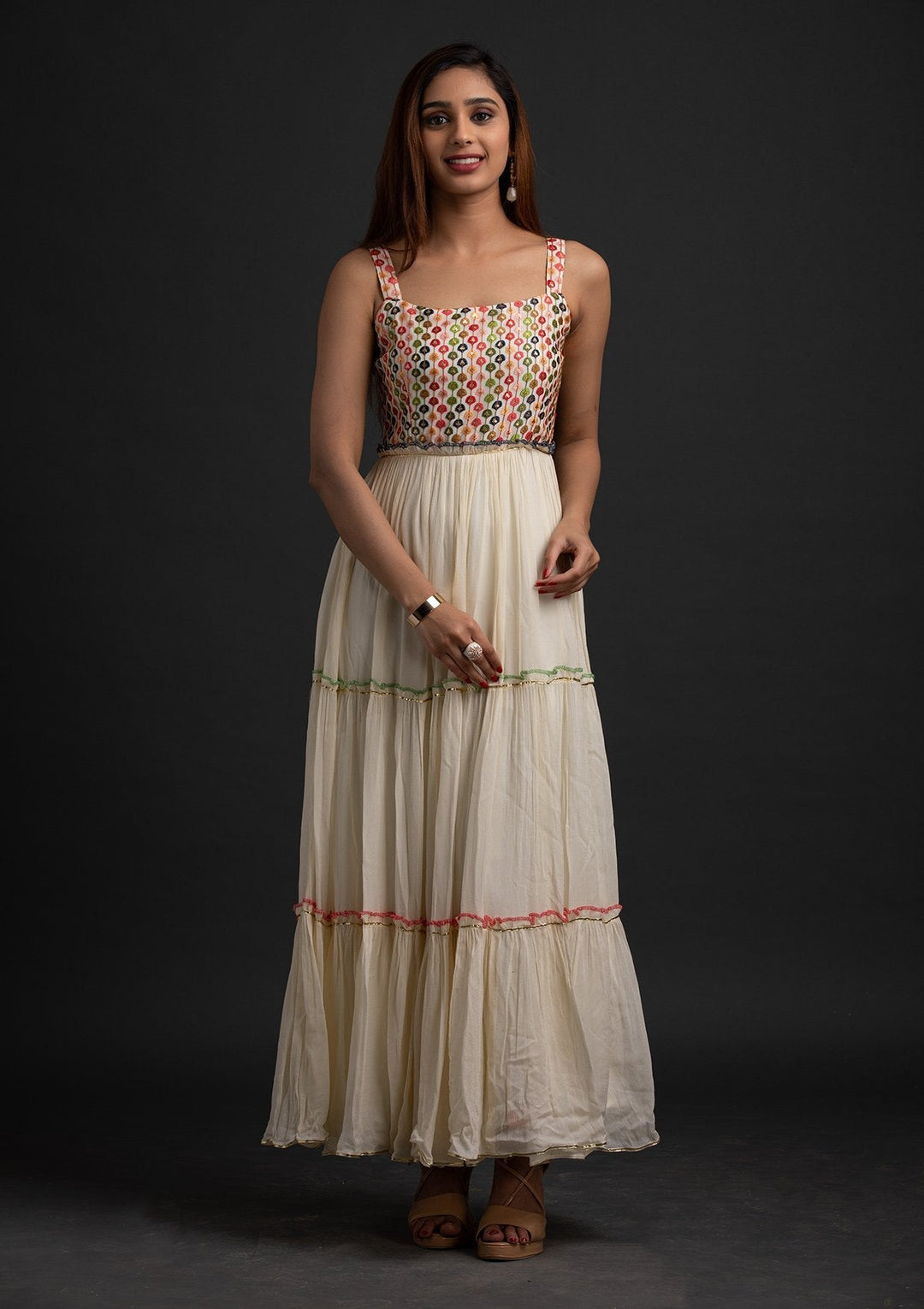 Cream Sequins Georgette Designer Gown - koskii