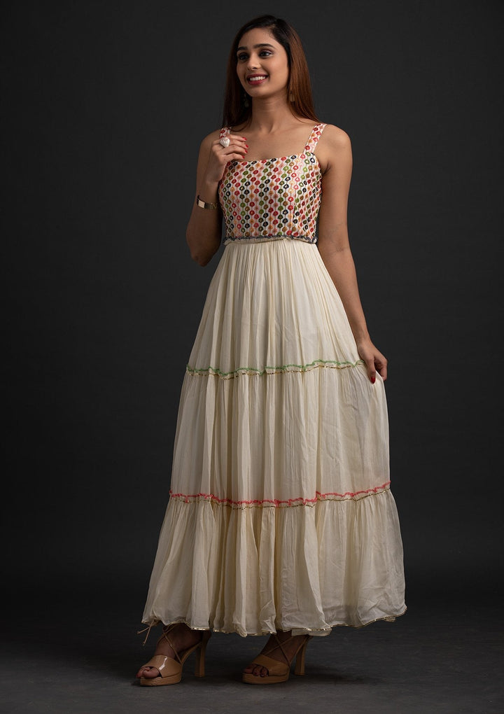 Cream Sequins Georgette Designer Gown - koskii