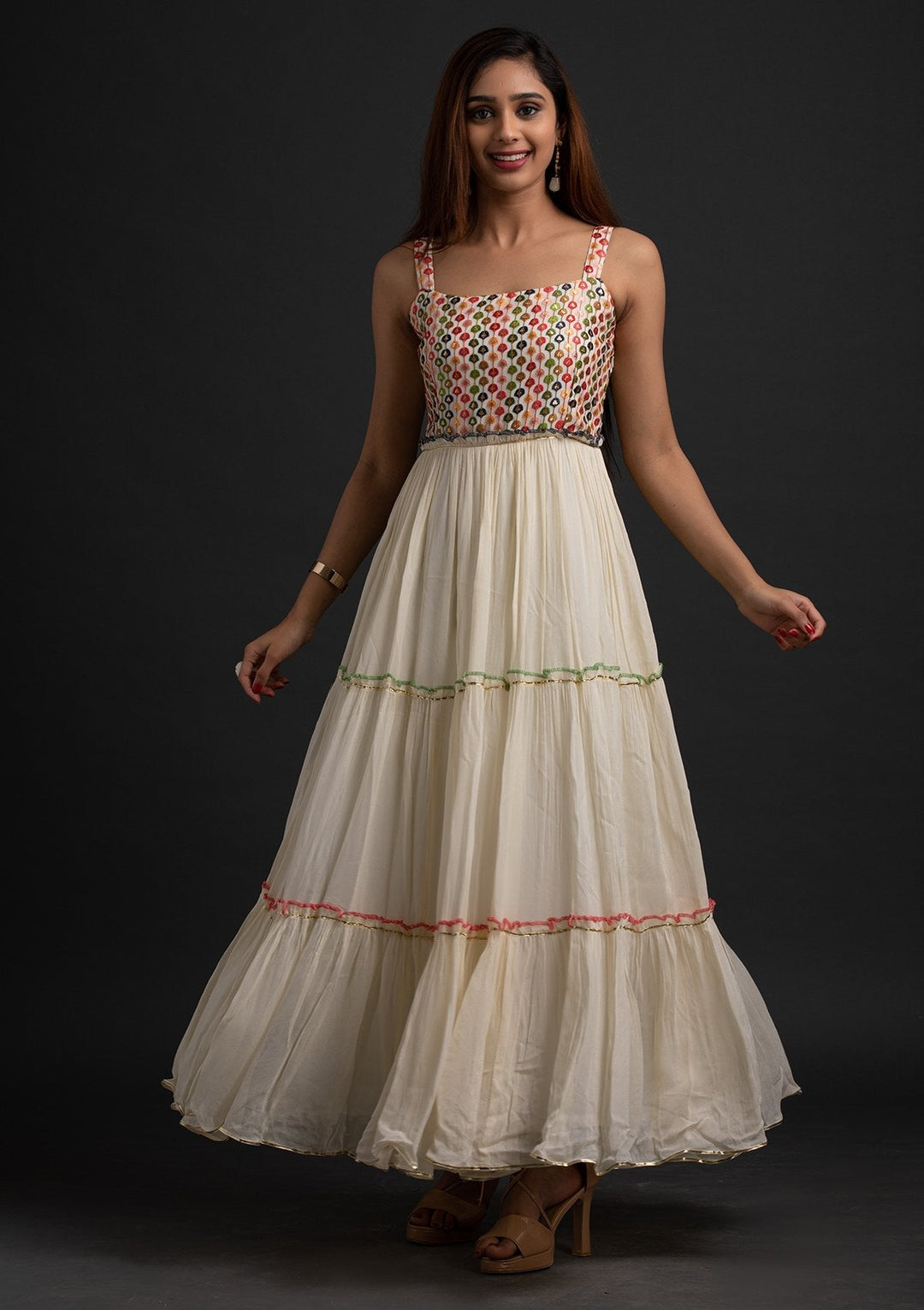 Cream Sequins Georgette Designer Gown - koskii