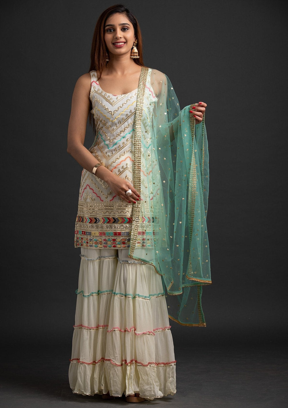 Cream Sequins Georgette Designer Salwar-Suit - koskii