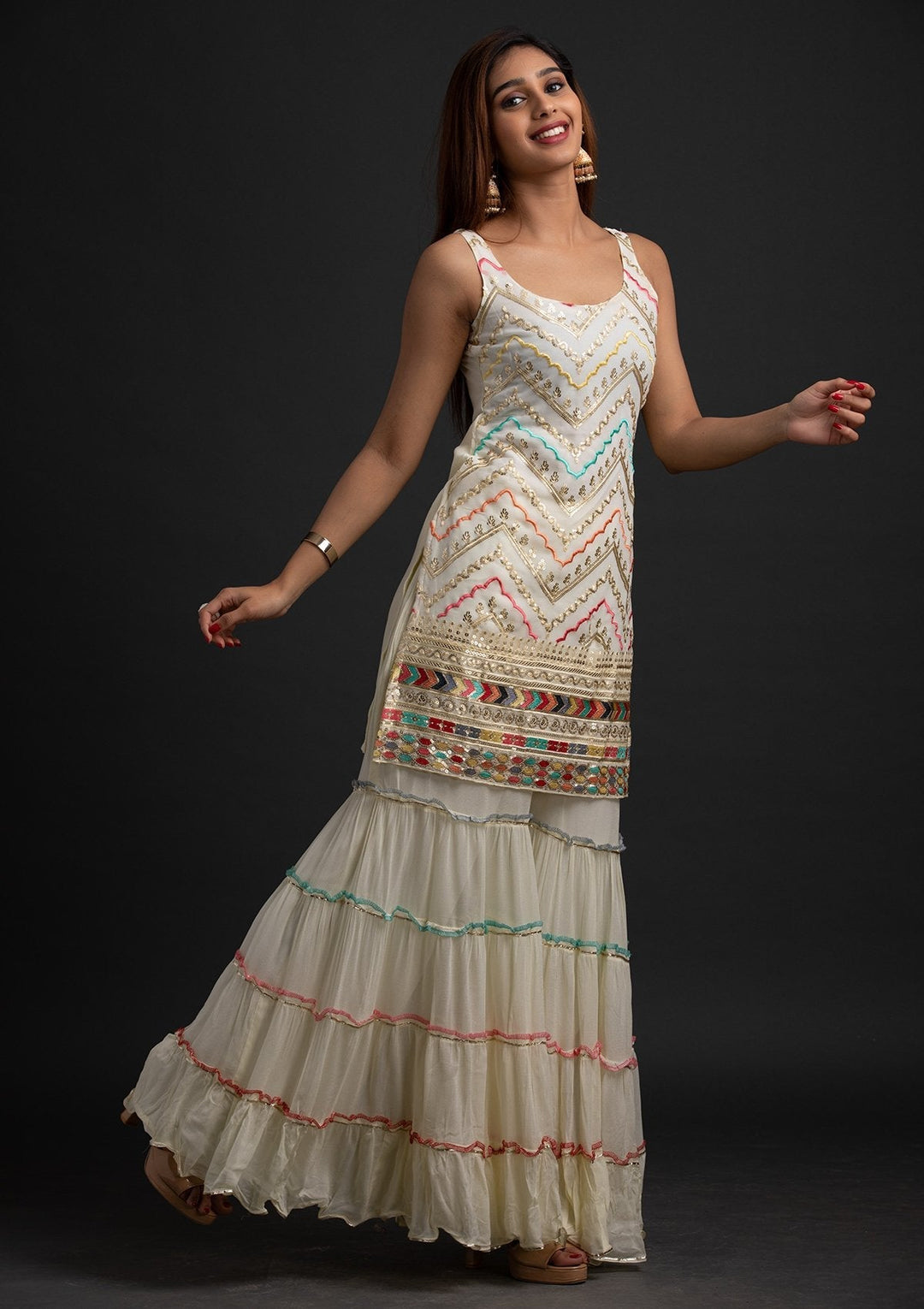 Cream Sequins Georgette Designer Salwar-Suit - koskii