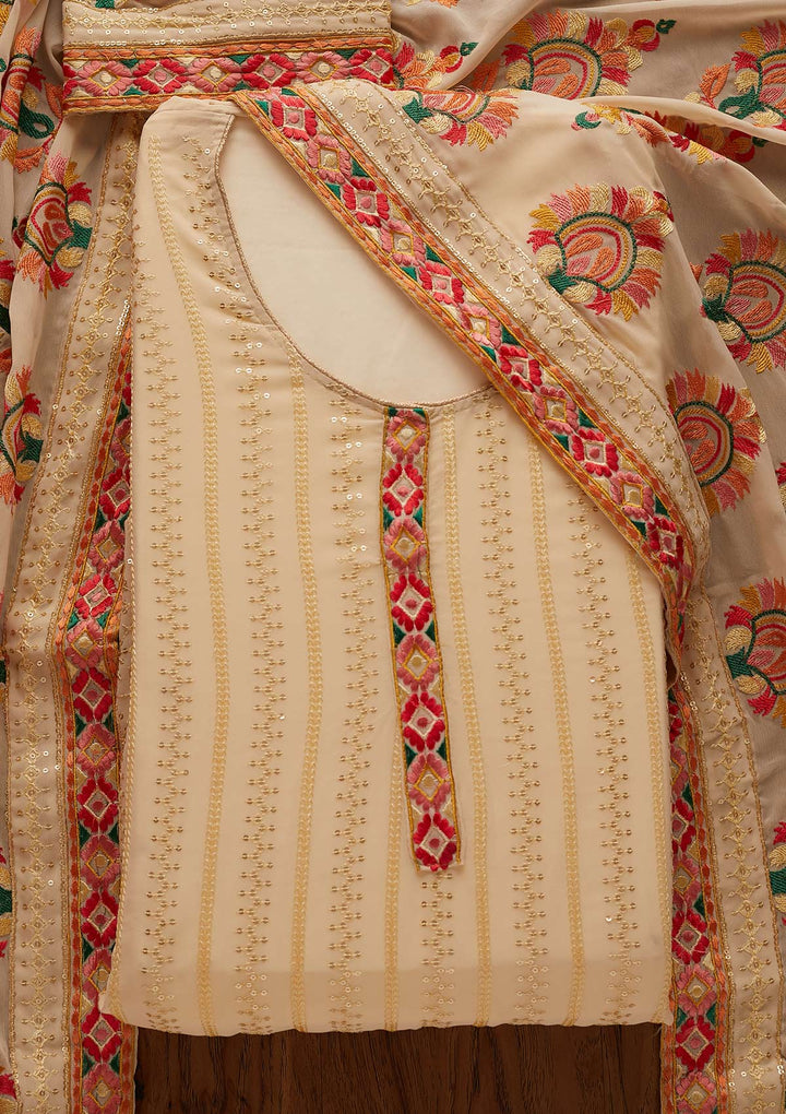 Cream Sequins Georgette Designer Semi-Stitched Salwar Suit - Koskii