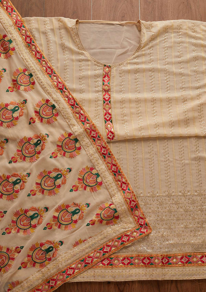 Cream Sequins Georgette Designer Semi-Stitched Salwar Suit - Koskii