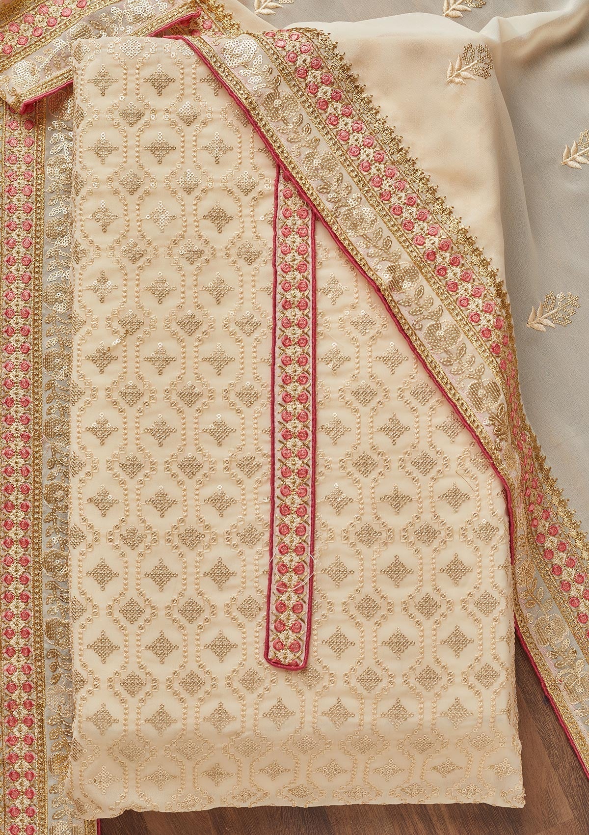 Cream Sequins Georgette Semi-Stitched Salwar Suit - Koskii