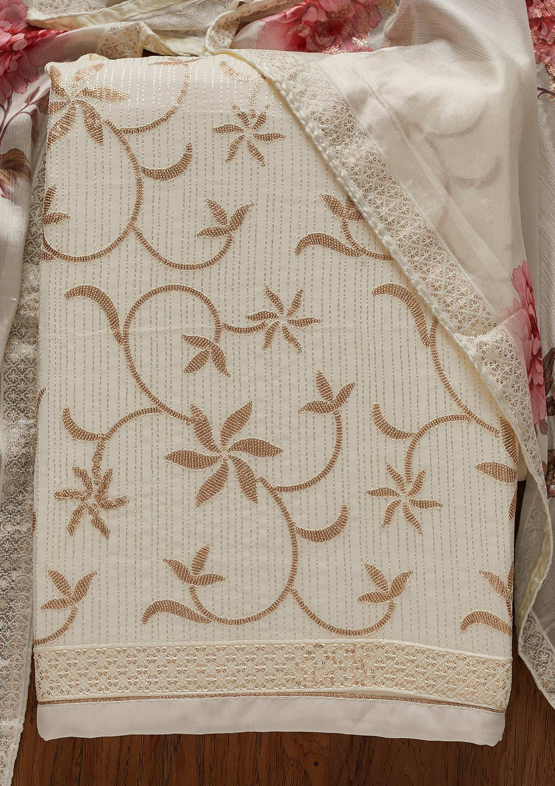Cream Sequins Georgette Designer Unstitched Salwar Suit - koskii