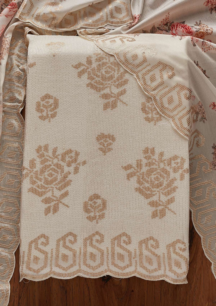 Cream Sequins Georgette Designer Unstitched Salwar Suit - koskii