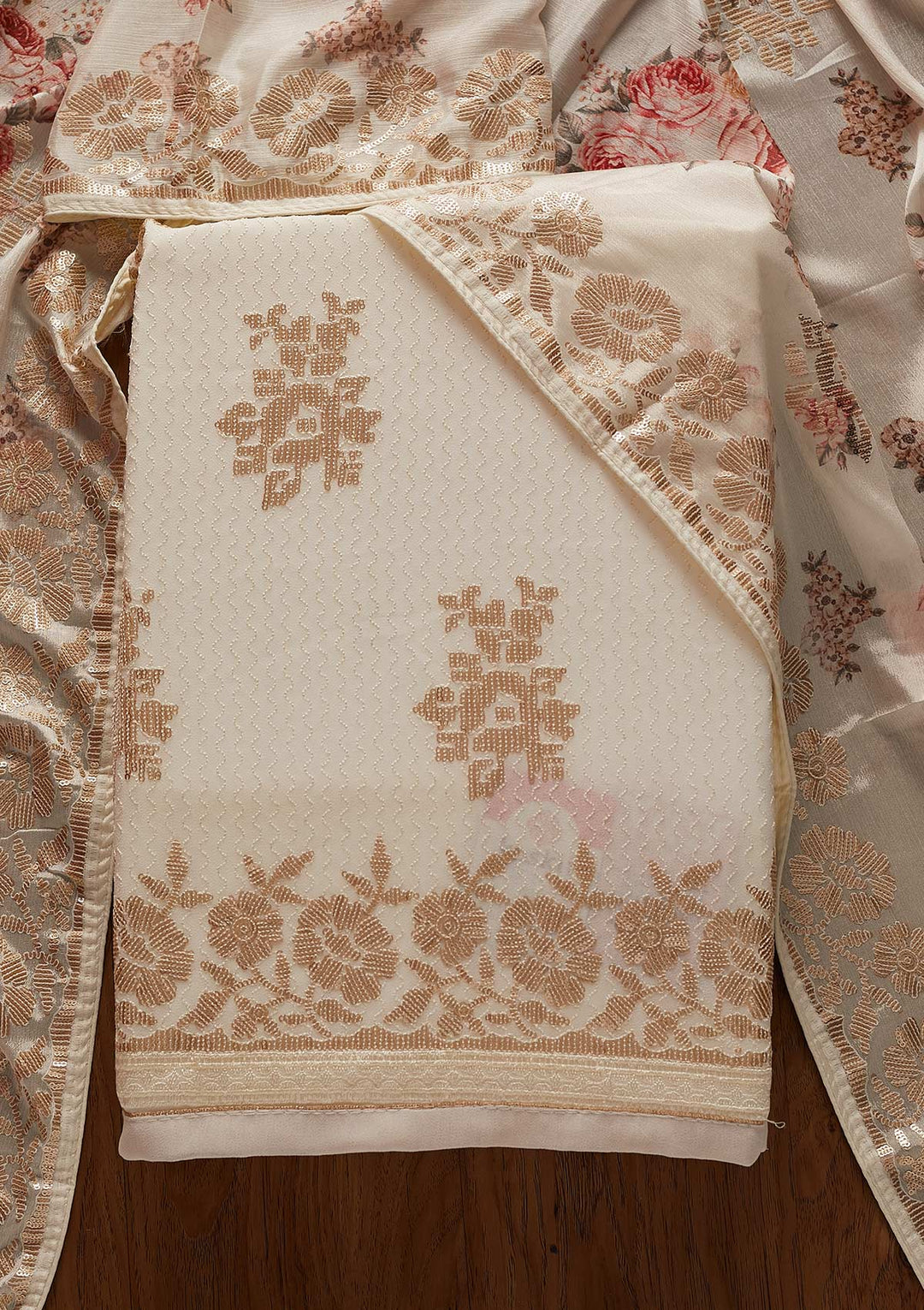 Cream Sequins Georgette Designer Unstitched Salwar Suit - koskii