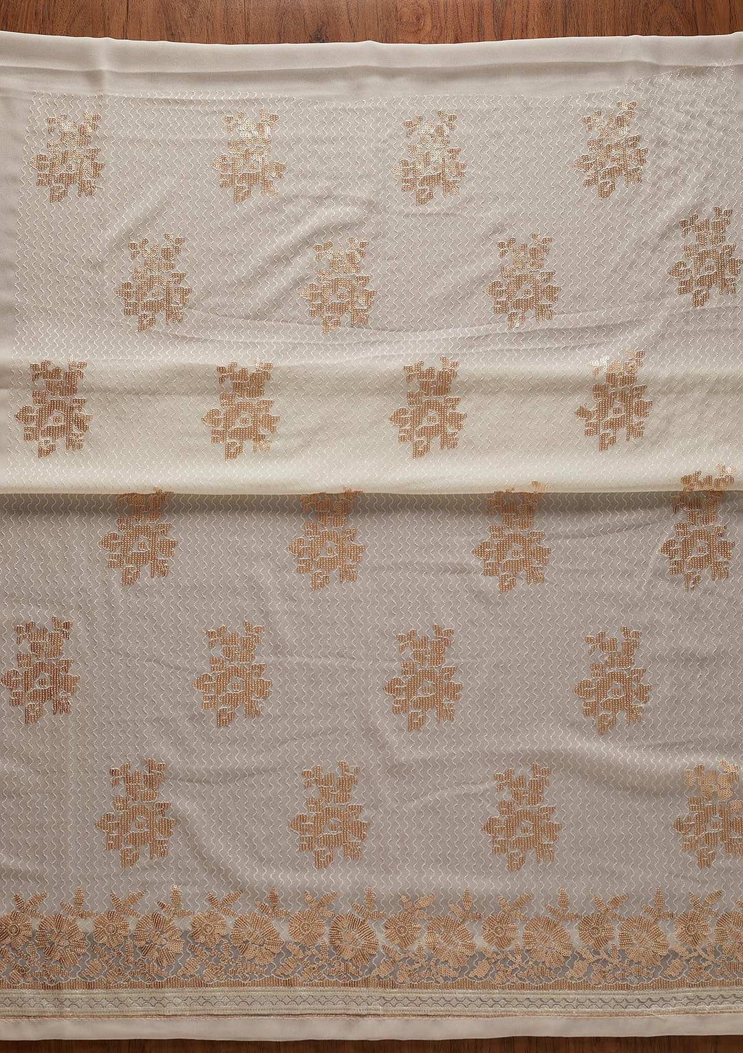 Cream Sequins Georgette Designer Unstitched Salwar Suit - koskii