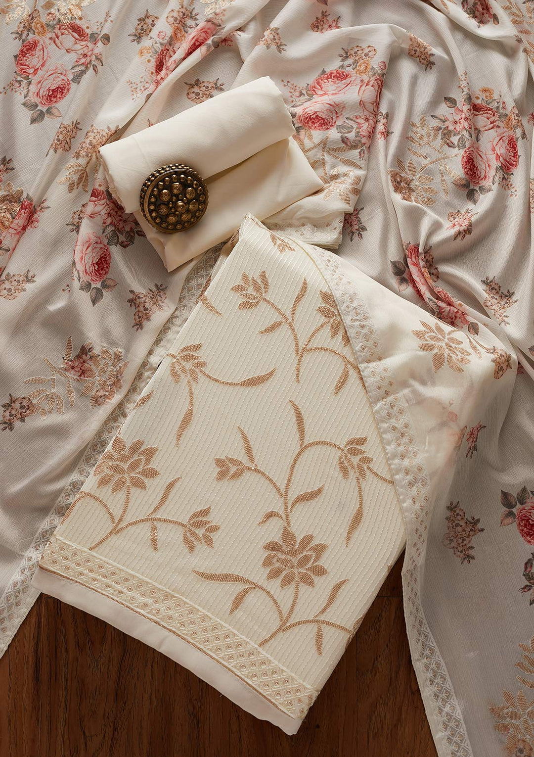 Cream Sequins Georgette Designer Unstitched Salwar Suit - koskii