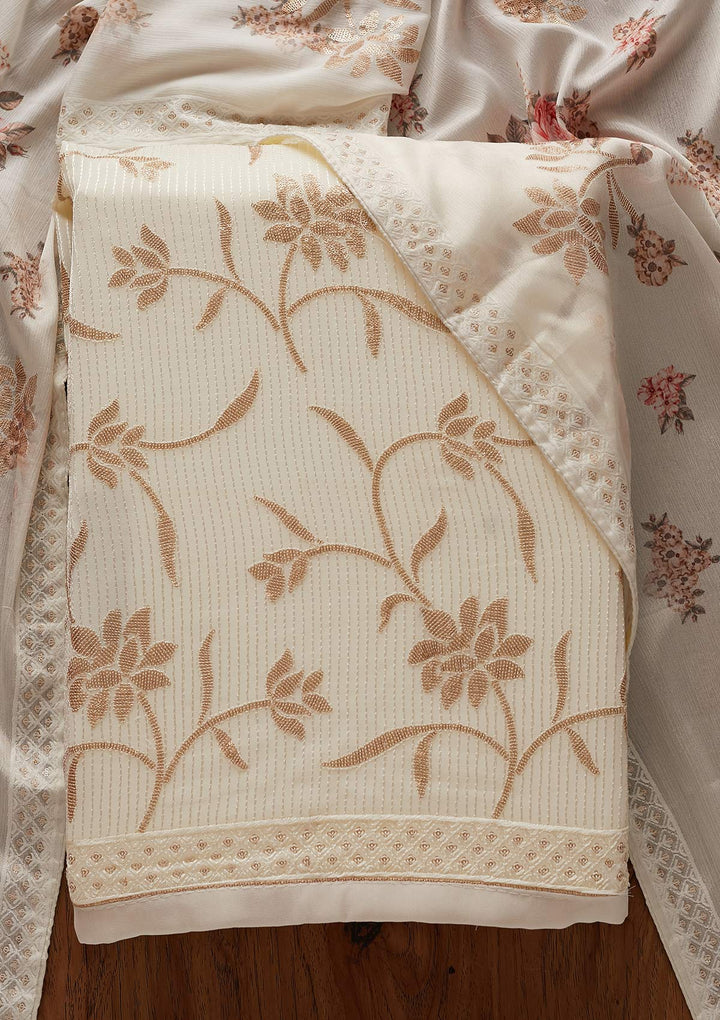 Cream Sequins Georgette Designer Unstitched Salwar Suit - koskii