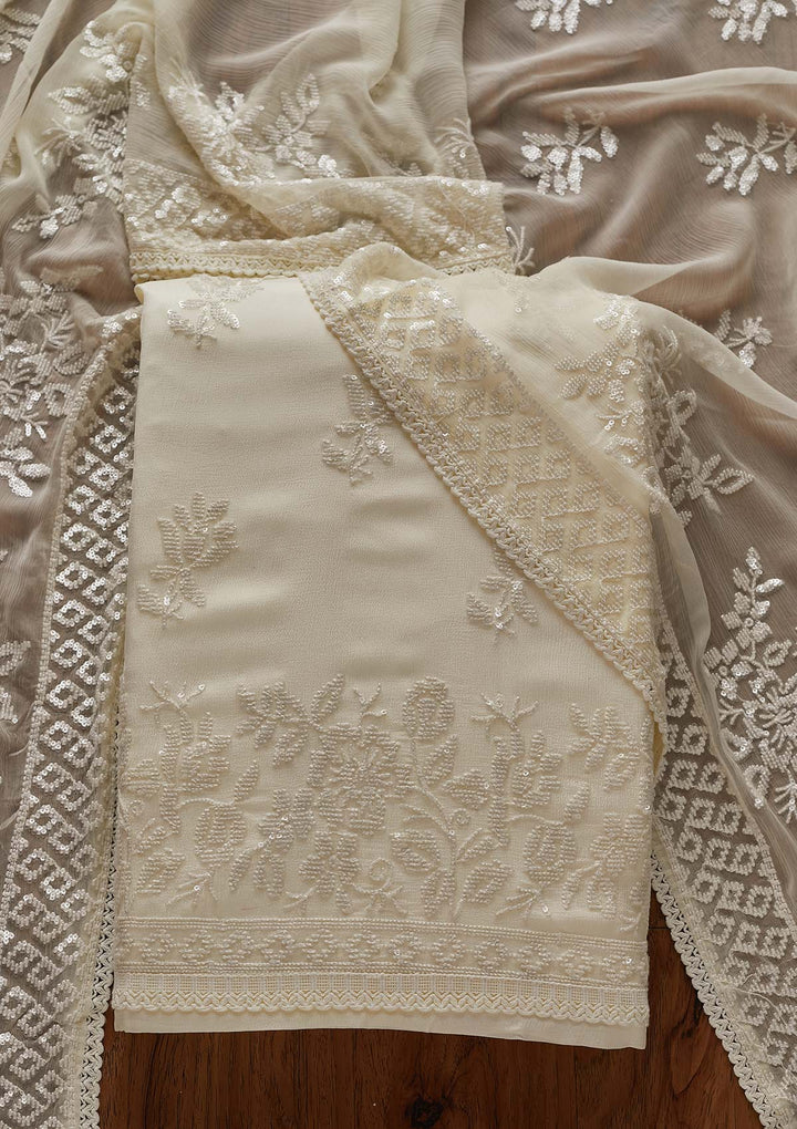 Cream Sequins Georgette Designer Unstitched Salwar Suit - koskii