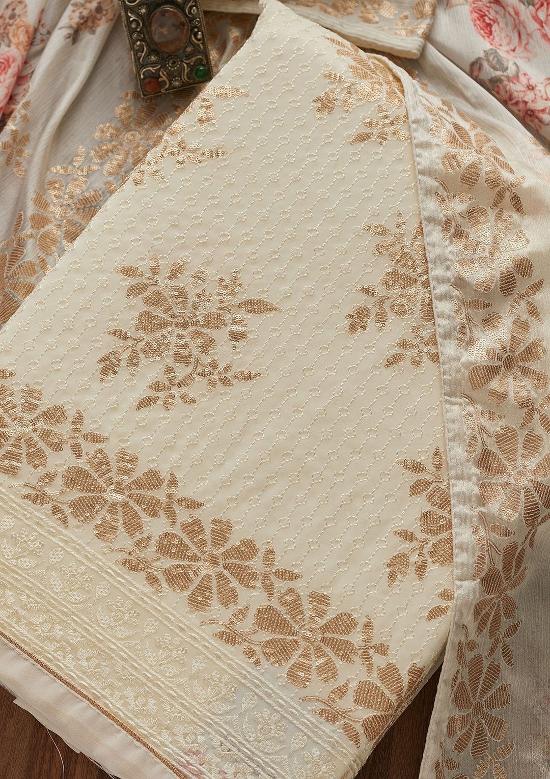 Cream Sequins Georgette Designer Unstitched Salwar Suit - Koskii