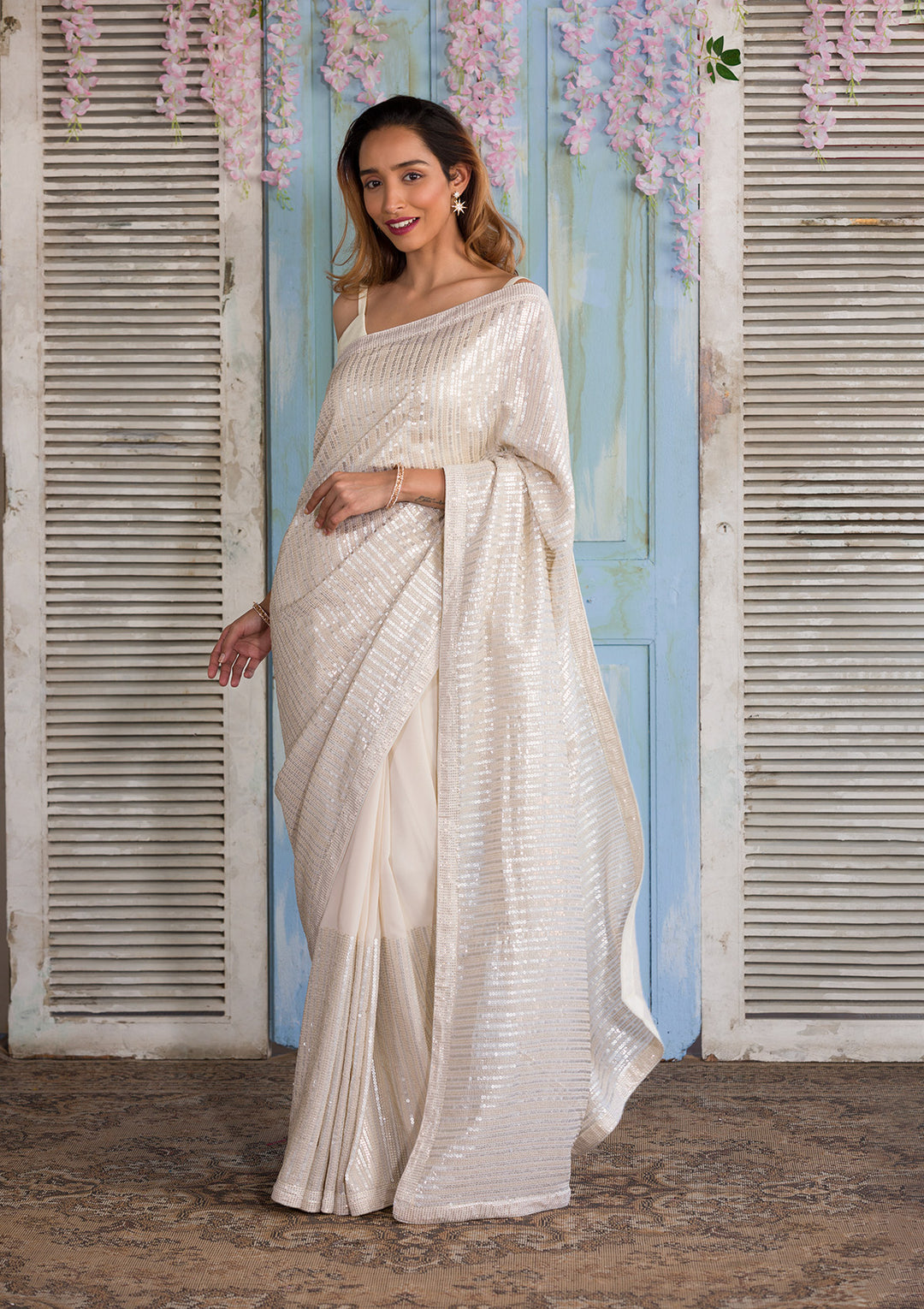 Cream Sequins Georgette Saree-Koskii