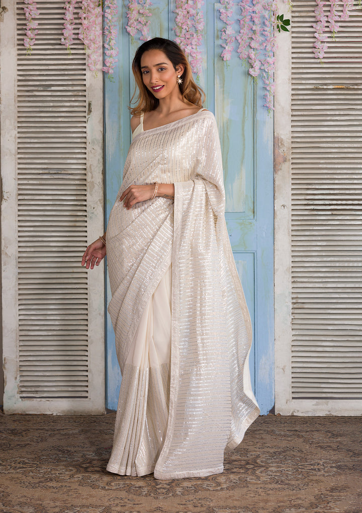 Cream Sequins Georgette Saree-Koskii