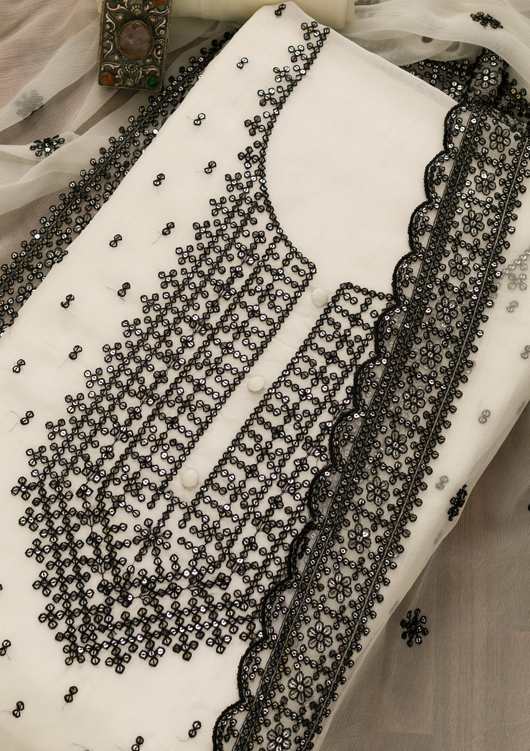 Cream Sequins Organza Unstitched Salwar Kameez-Koskii
