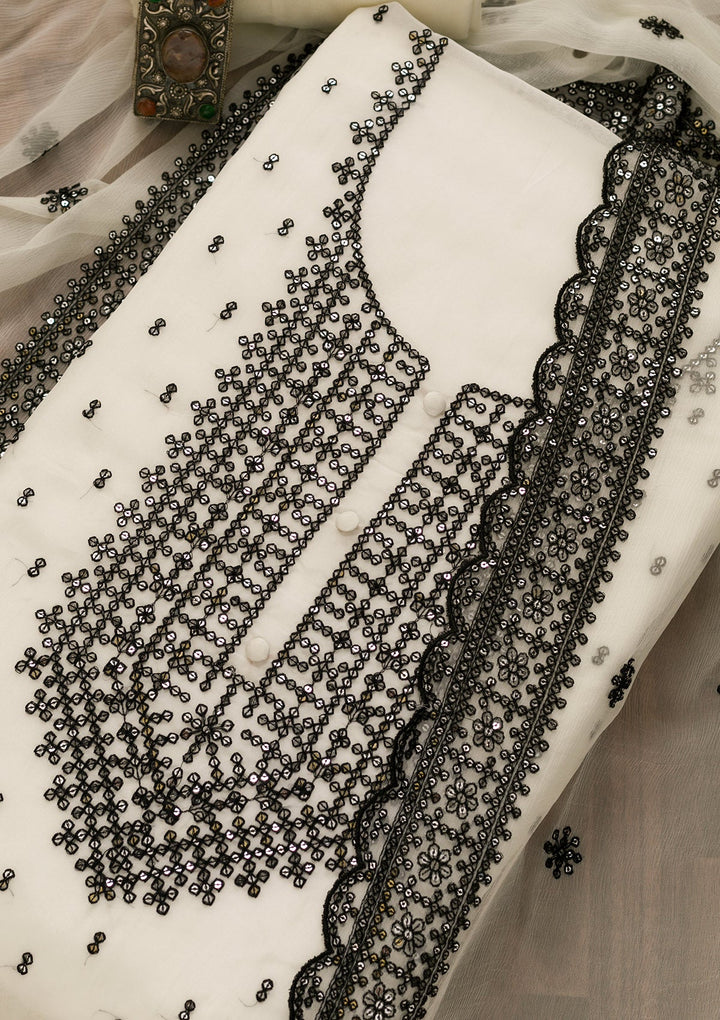 Cream Sequins Organza Unstitched Salwar Kameez-Koskii