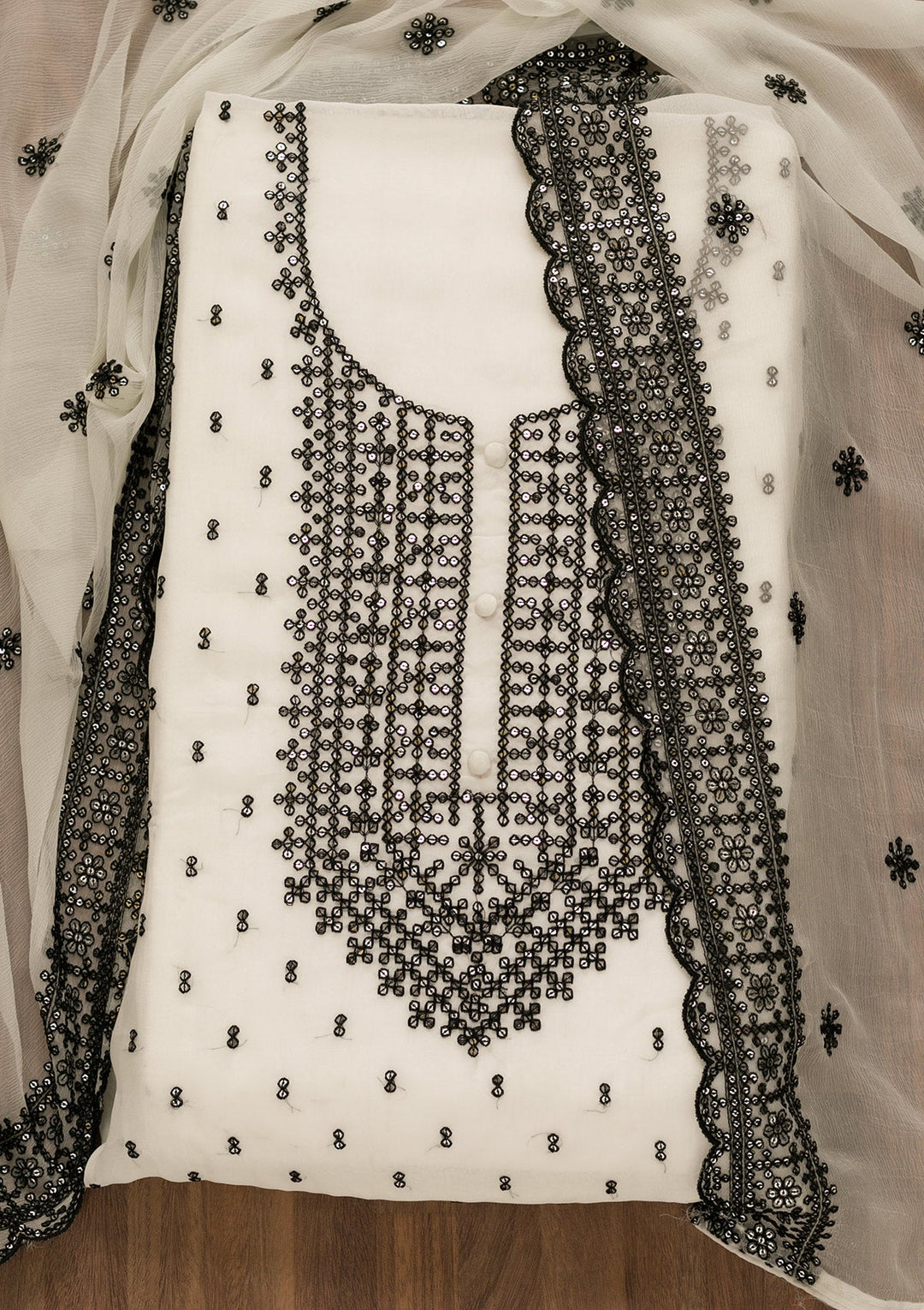 Cream Sequins Organza Unstitched Salwar Kameez-Koskii